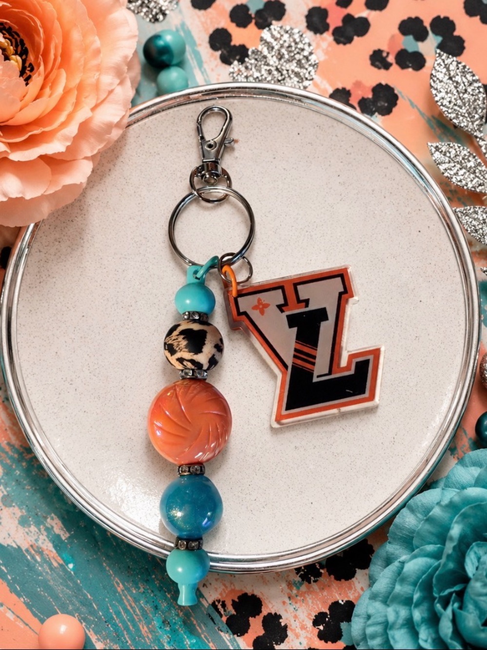 Hand Crafted Coral & Teal Beaded Keychain with Inspired Charm